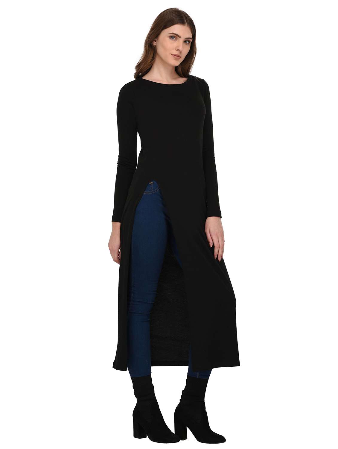 women solid long sleeves straight long top - 21134135 -  Standard Image - 1