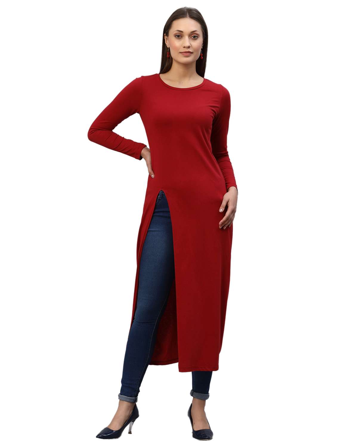 women solid long sleeves straight long top - 21134136 - Zoom Image - 0