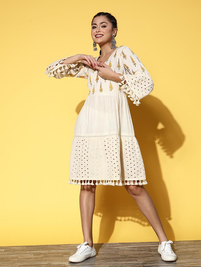 off white printed fit & flare dress - 21134440 - Standard Image - 1