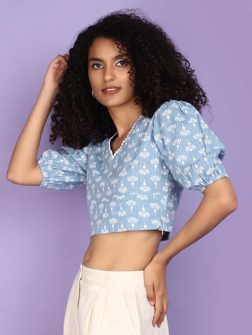 women blue printed crop top - 21134984 - Standard Image - 1