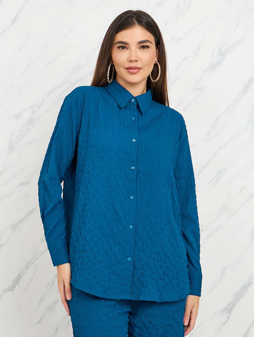 blue polyester shirt and trouser co-ord set