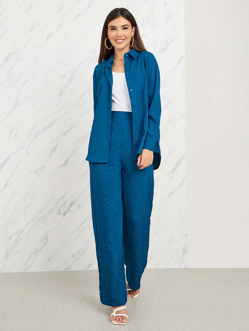 blue polyester shirt and trouser co-ord set - 21135487 -  Standard Image - 1