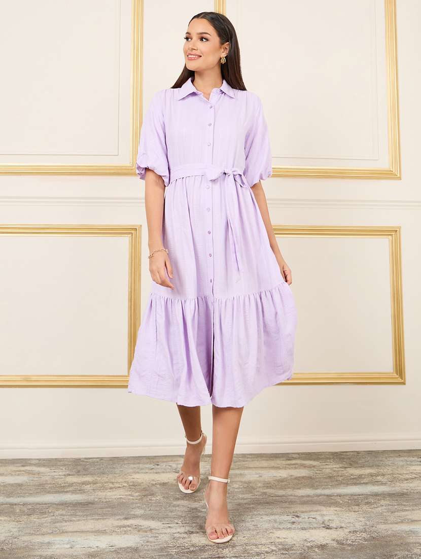 women solid collared tiered dress