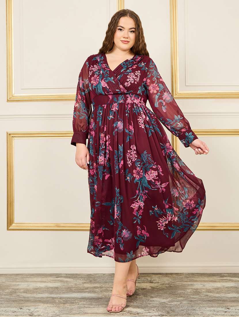 women maroon floral printed fit & flare dress