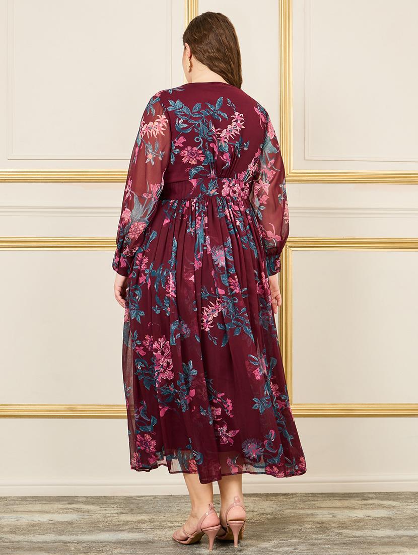 women maroon floral printed fit & flare dress - 21135541 -  Standard Image - 1
