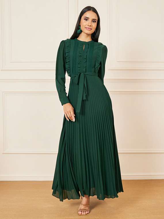 women solid puff sleeves a-line dress