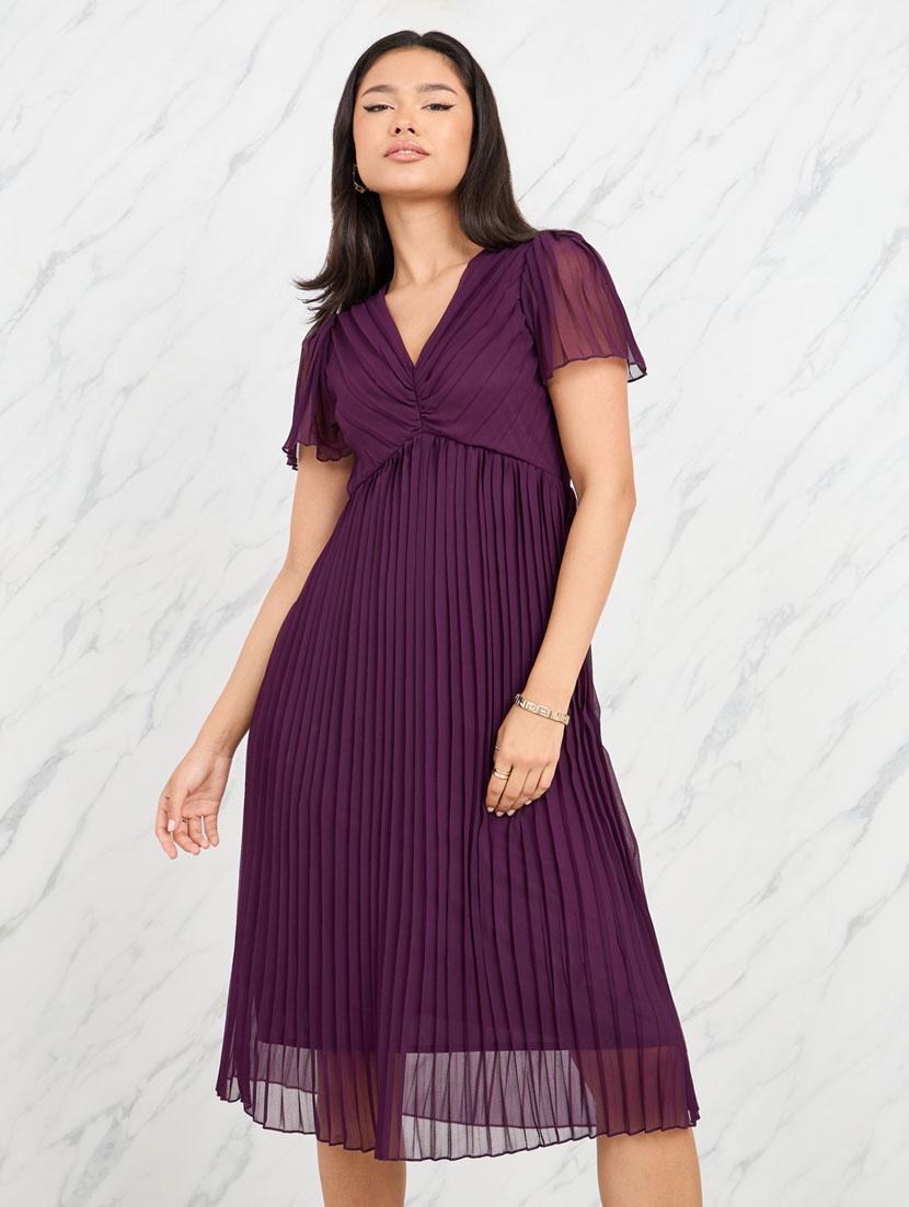 women purple solid short sleeve a-line dress - 21135585 - Standard Image - 1