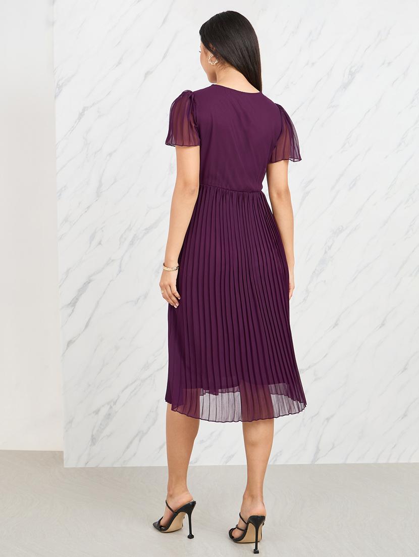women solid short sleeves a-line dress - 21135586 -  Standard Image - 1