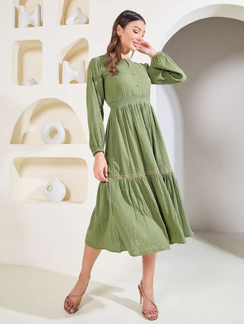 womene solid lace detailed tiered dress - 21135594 - Standard Image - 0