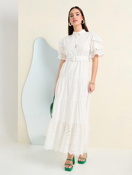 women white schiffli tiered dress - 21135617 -  Standard Image - 0