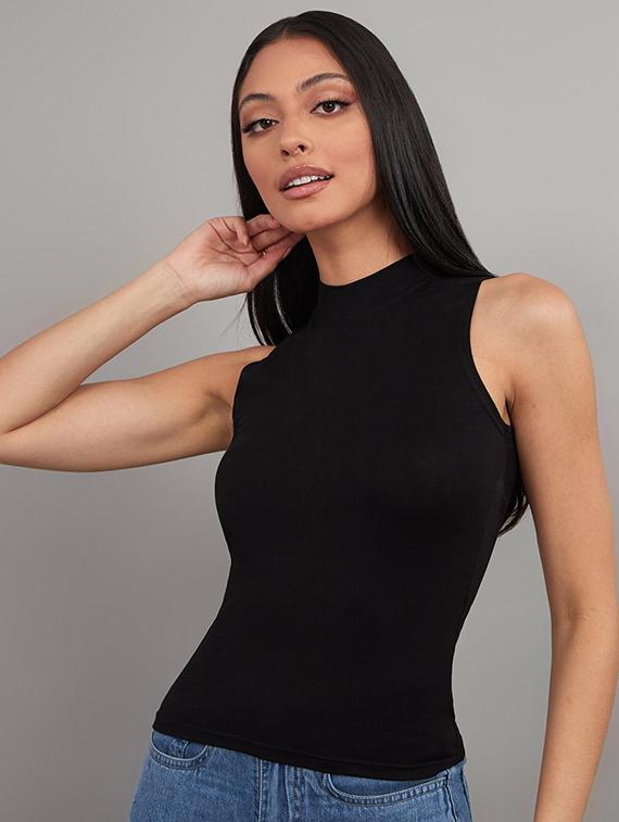 womn solid mock neck sleeveless top - 21135723 - Zoom Image - 0