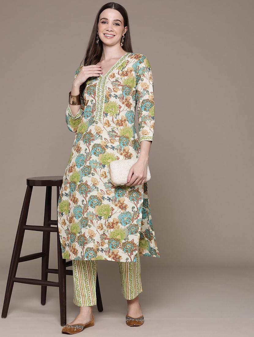 women floral v neck kurta pant set - 21135970 -  Standard Image - 1