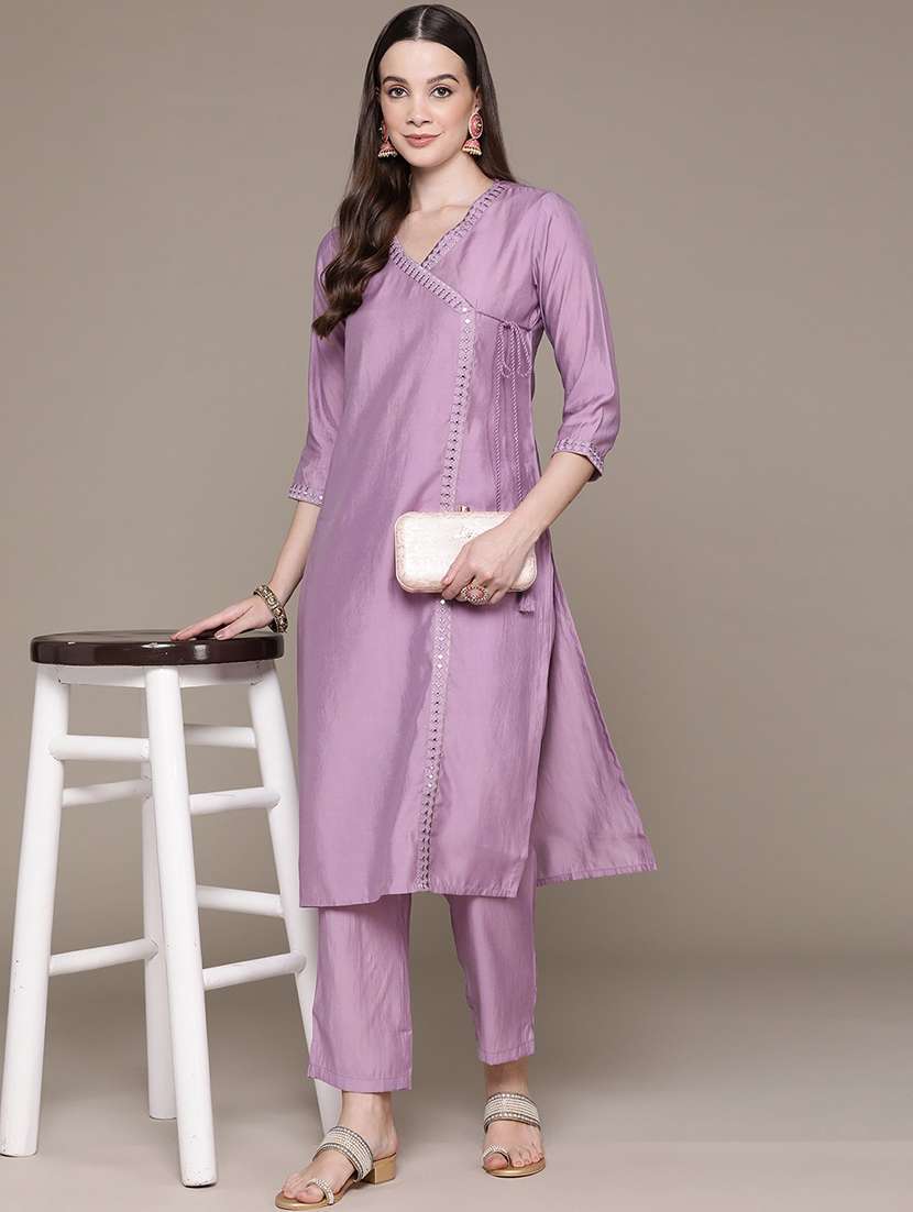 women mirror work kurta pant set