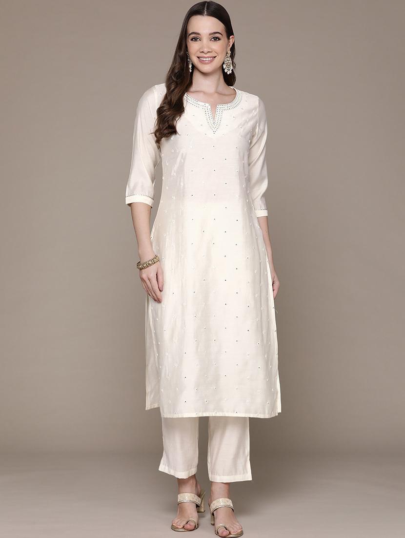 women cream notch neck kurta pant set - 21135994 - Standard Image - 1