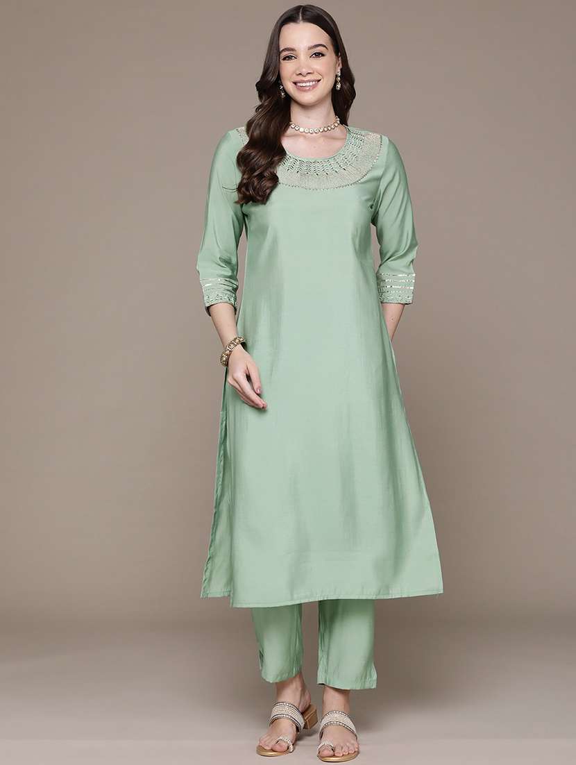 women round neck kurta pant set - 21135996 -  Standard Image - 1