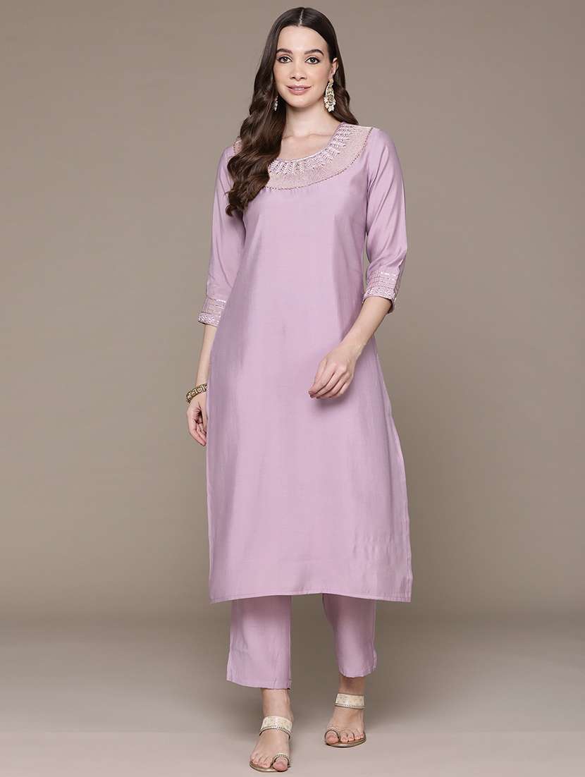 women lavender round neck kurta pant set - 21135997 -  Standard Image - 1