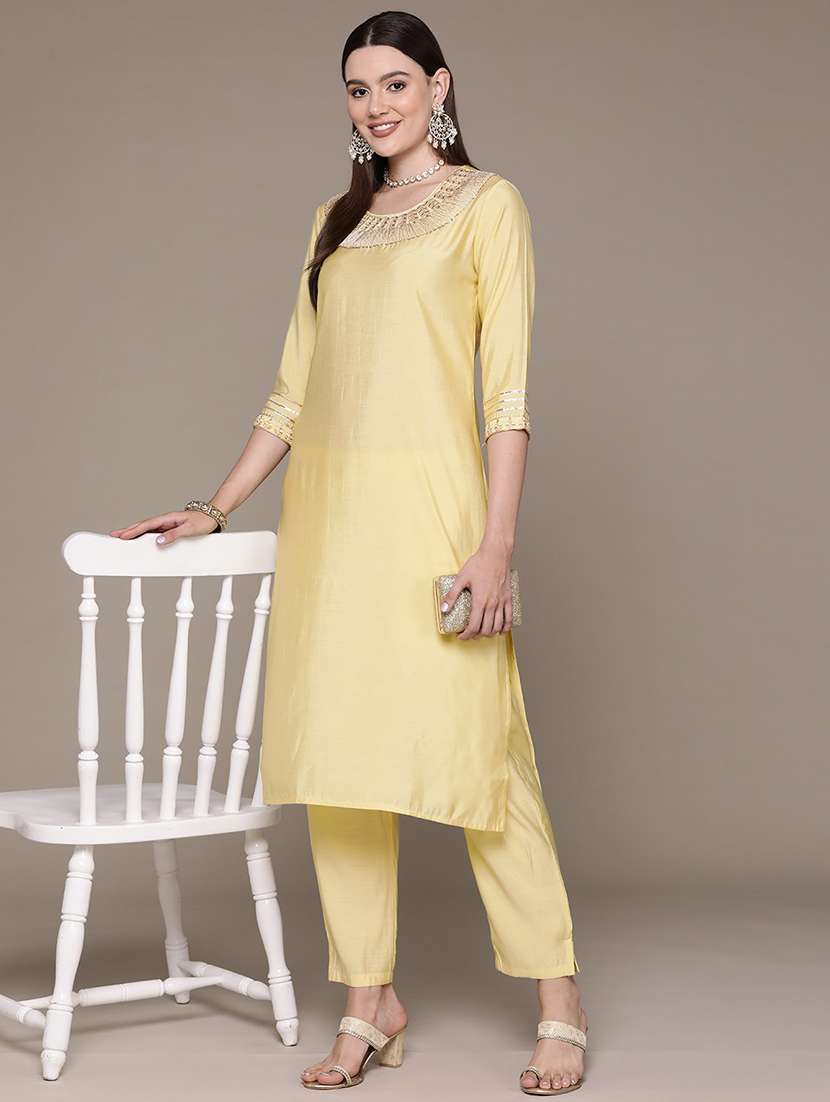 women yellow round neck kurta pant set