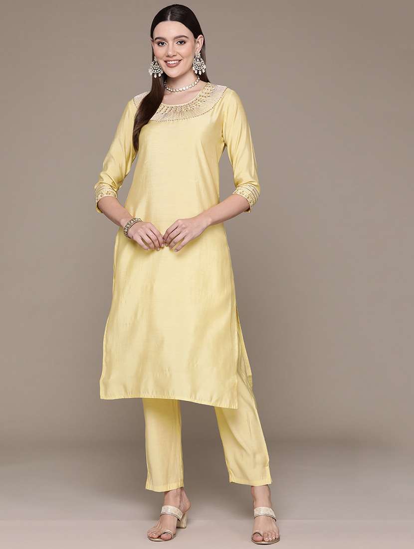 women yellow round neck kurta pant set - 21135998 -  Standard Image - 1