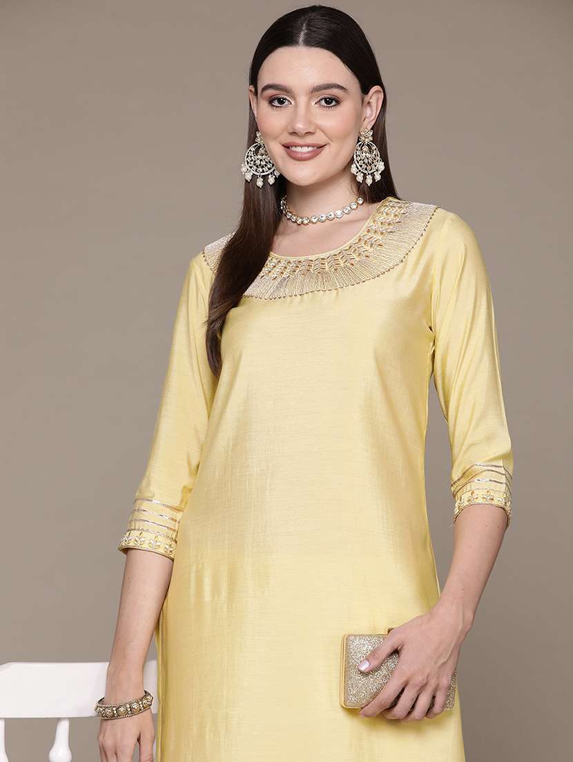 women yellow round neck kurta pant set - 21135998 -  Standard Image - 4