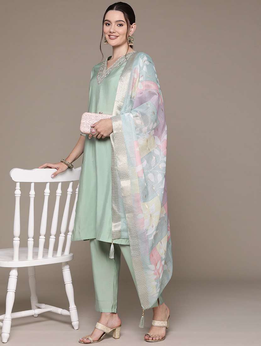 women three quarter sleeve kurta pant with dupatta set