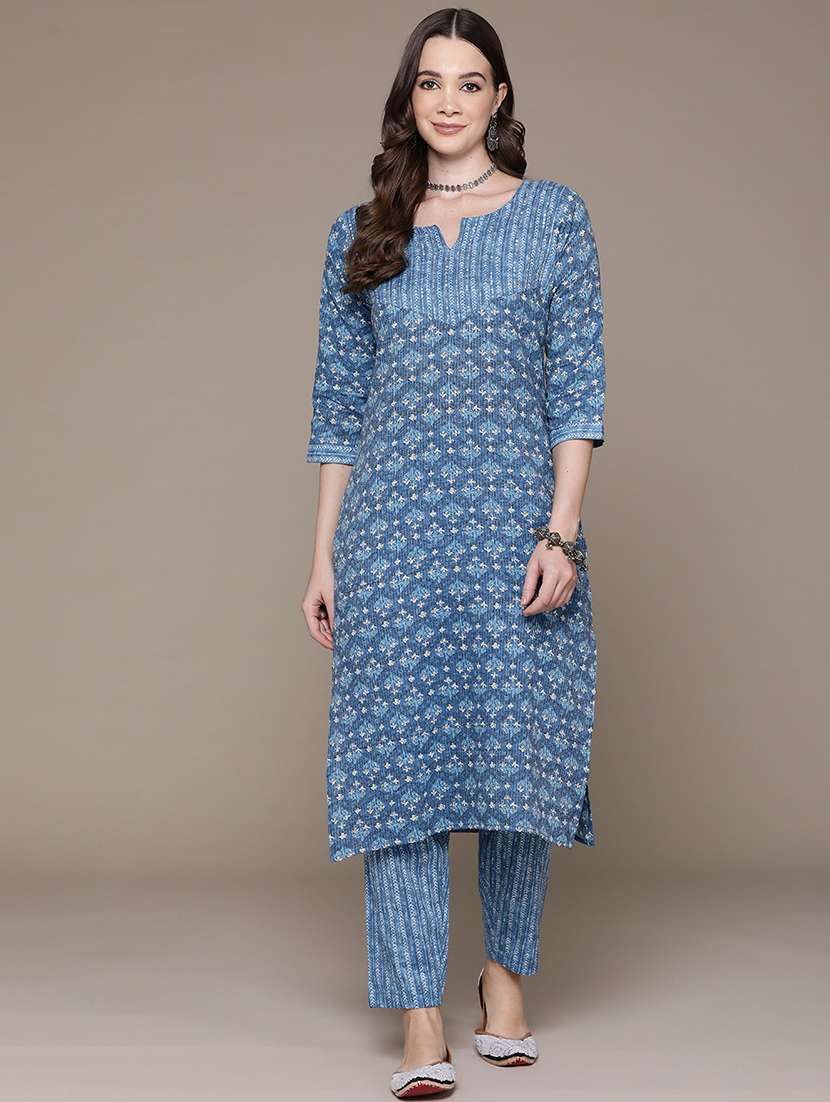 women blue three quarter sleeve kurta pant set - 21136023 -  Standard Image - 1