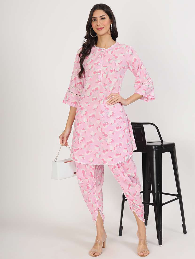 women pink floral dhoti kurta set