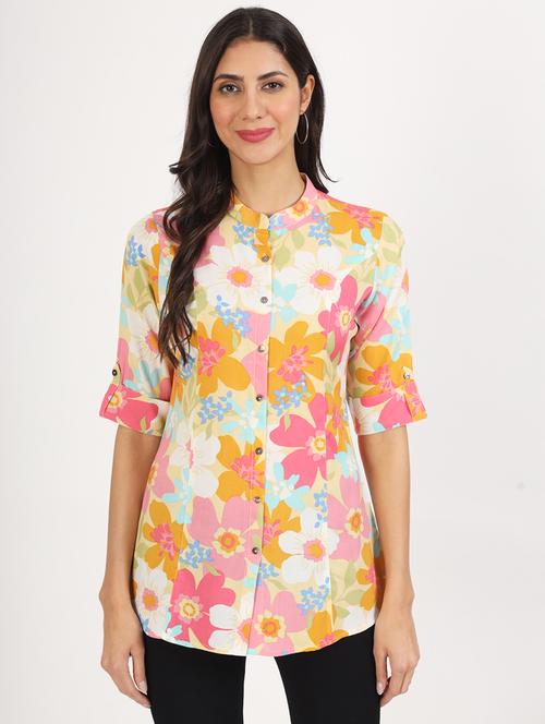 women floral print roll-up sleeves regular top - 21136676 - Standard Image - 0