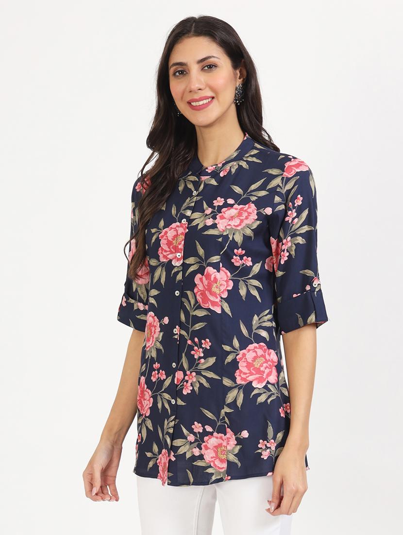 women printed roll-up sleeves a-line kurti - 21136678 -  Standard Image - 1