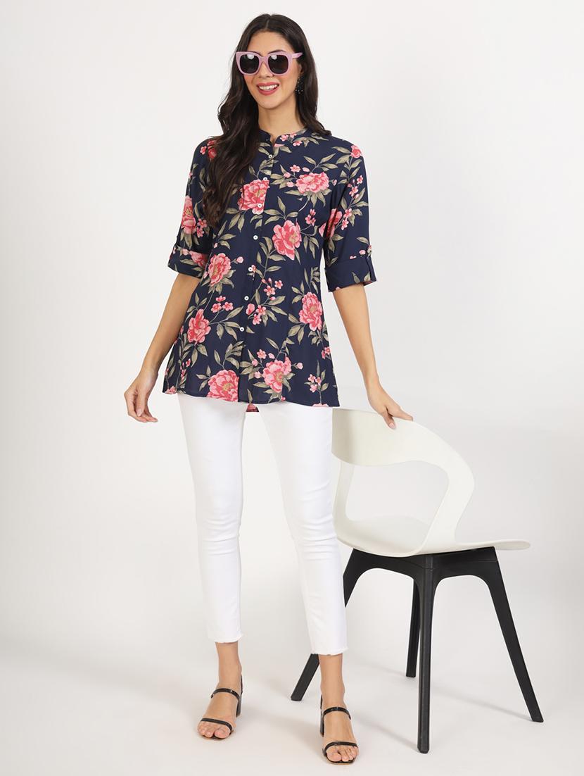 women printed roll-up sleeves a-line kurti - 21136678 - Standard Image - 4