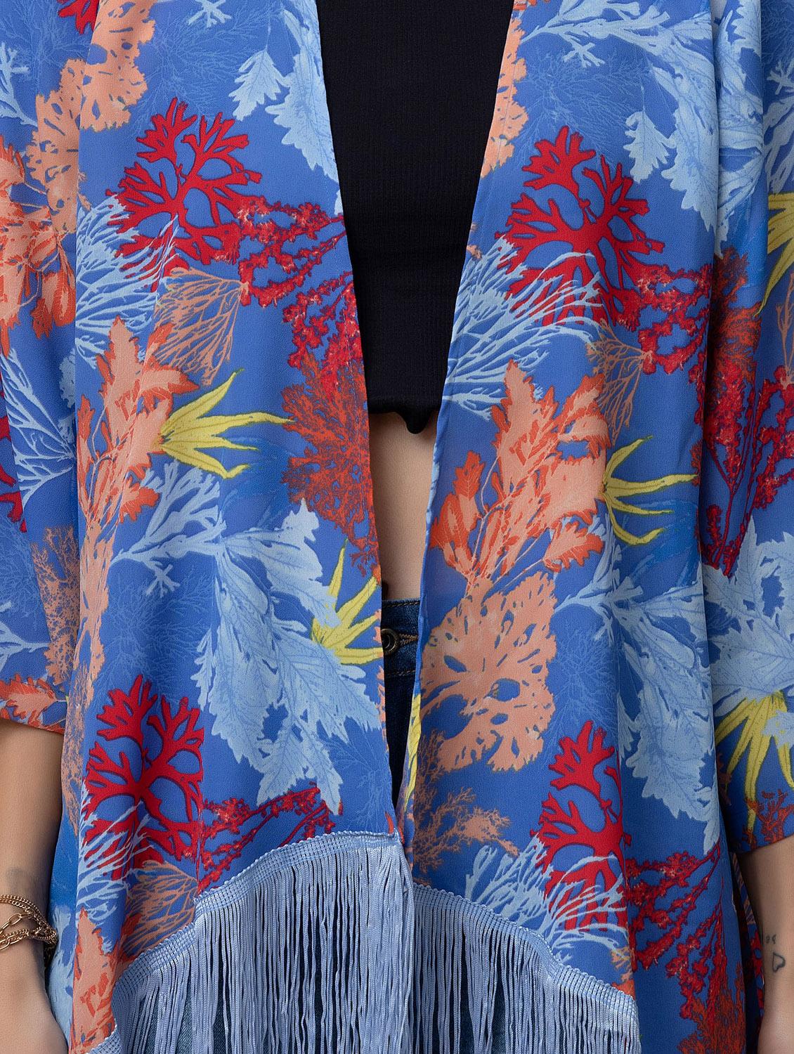 women blue printed kimono sleeves shrug - 21137837 - Standard Image - 4
