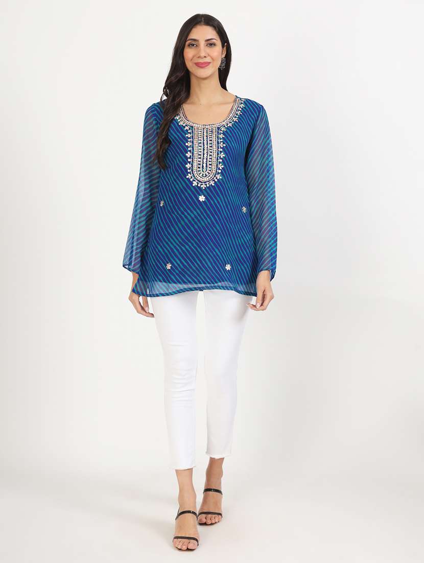 blue leheriya printed straight kurti