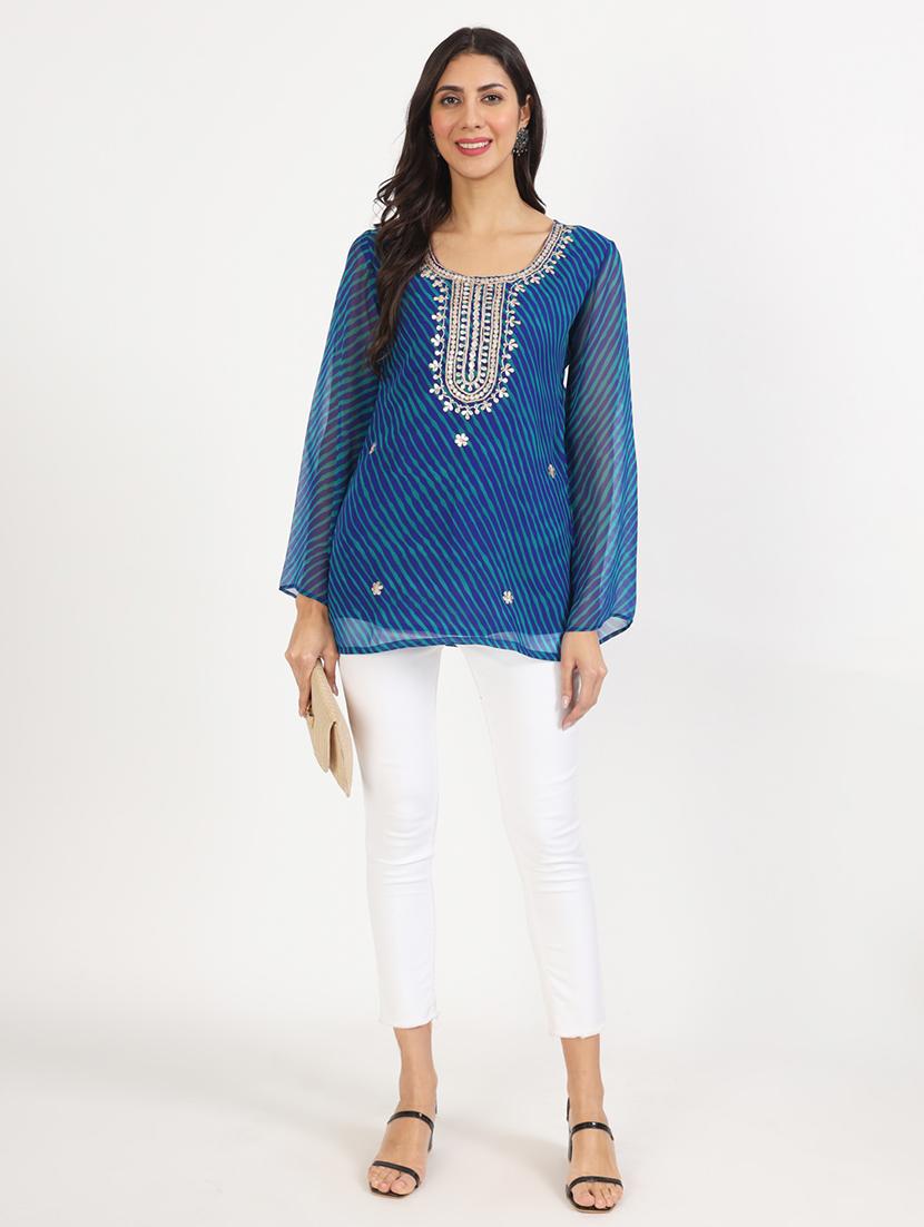 blue leheriya printed straight kurti - 21137859 - Standard Image - 4