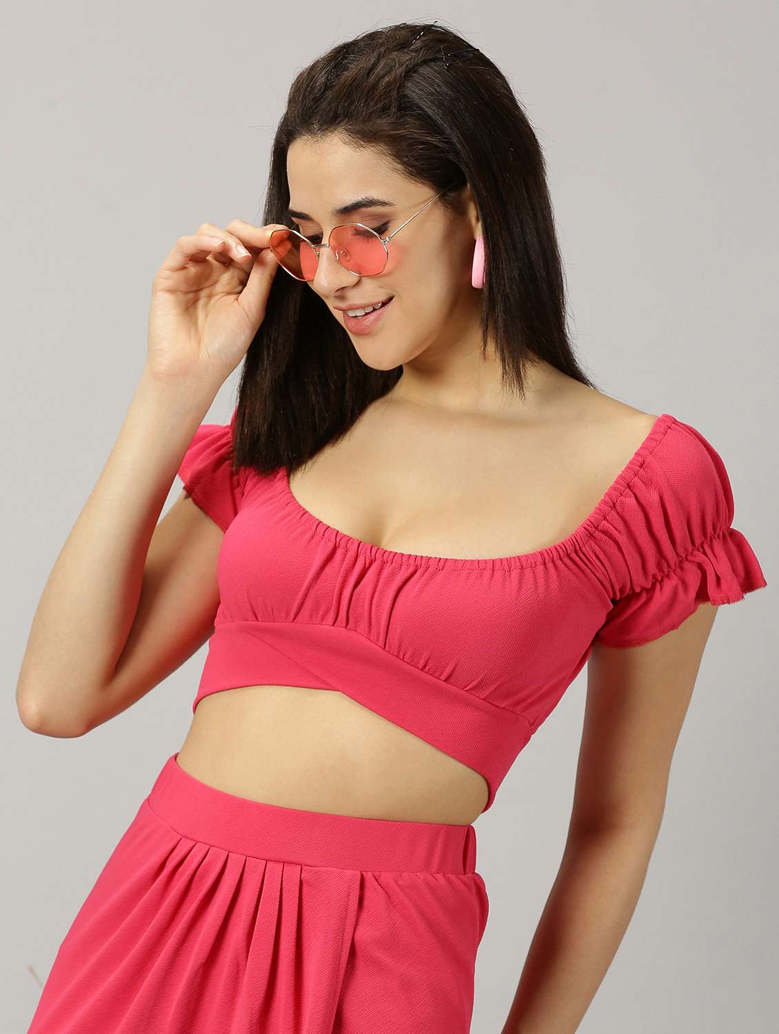 solid pink detailed crop top - 21137904 -  Standard Image - 1