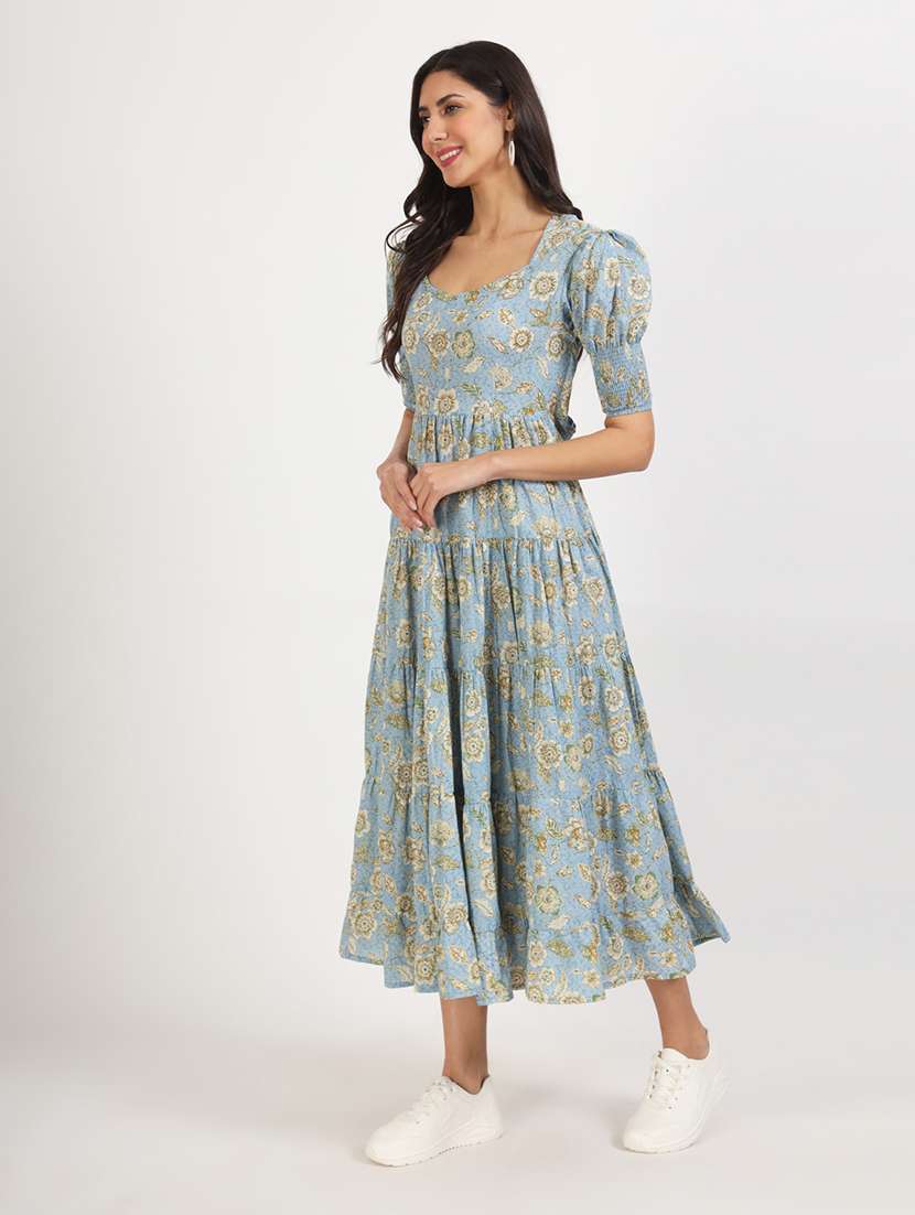 Women Light Blue Florals Printed Tiered Dress