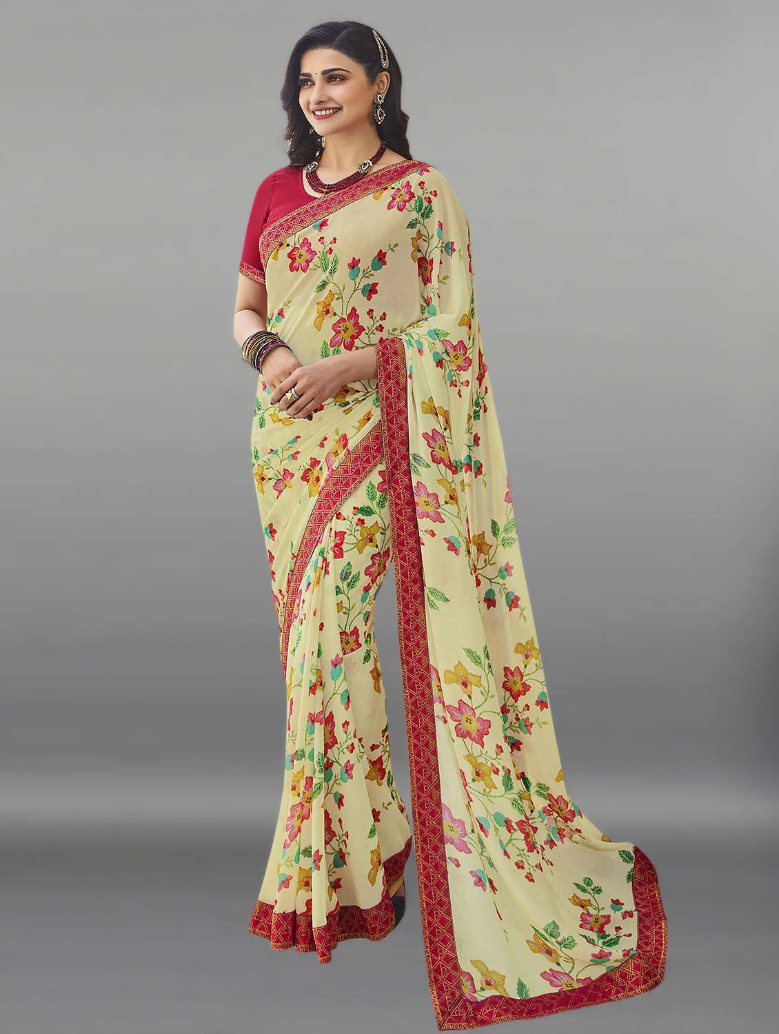 women yellow florals printed saree with blouse