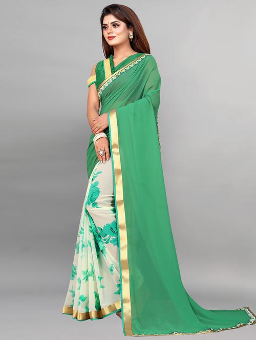 women green printed lace work saree with blouse - 21138689 -  Standard Image - 0