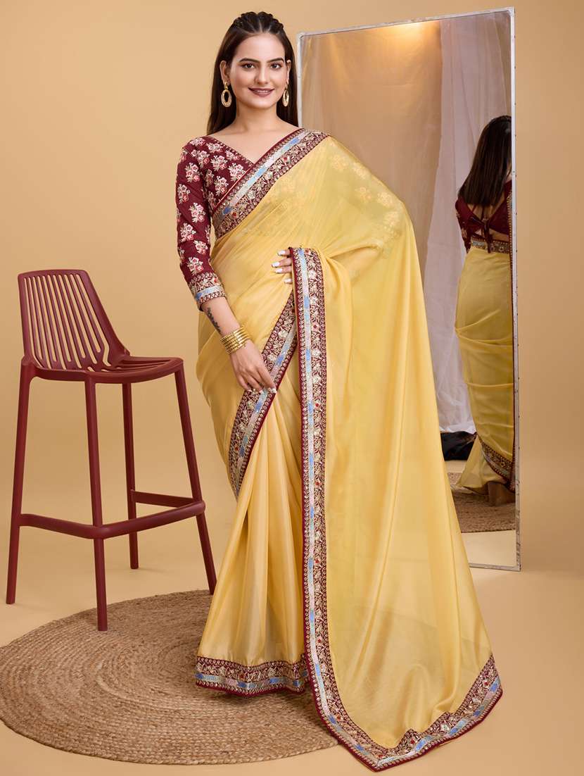 women solid with bordered saree with blouse