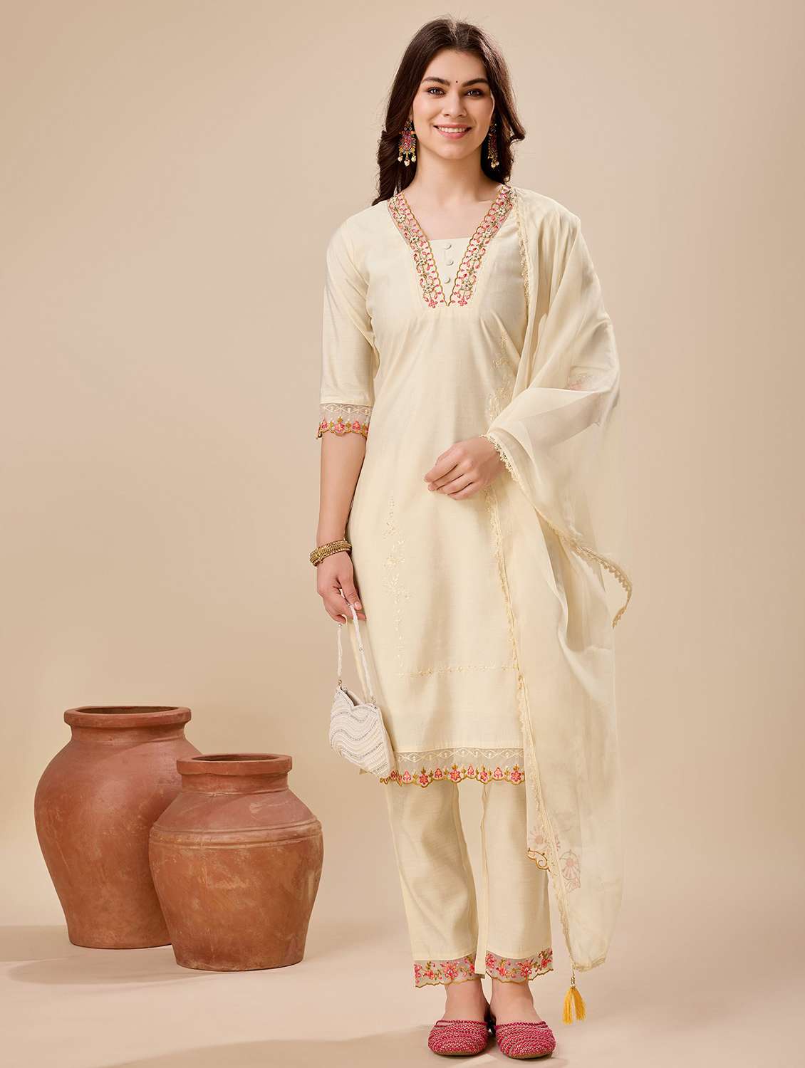 women three quarter sleeve kurta pant with dupatta set