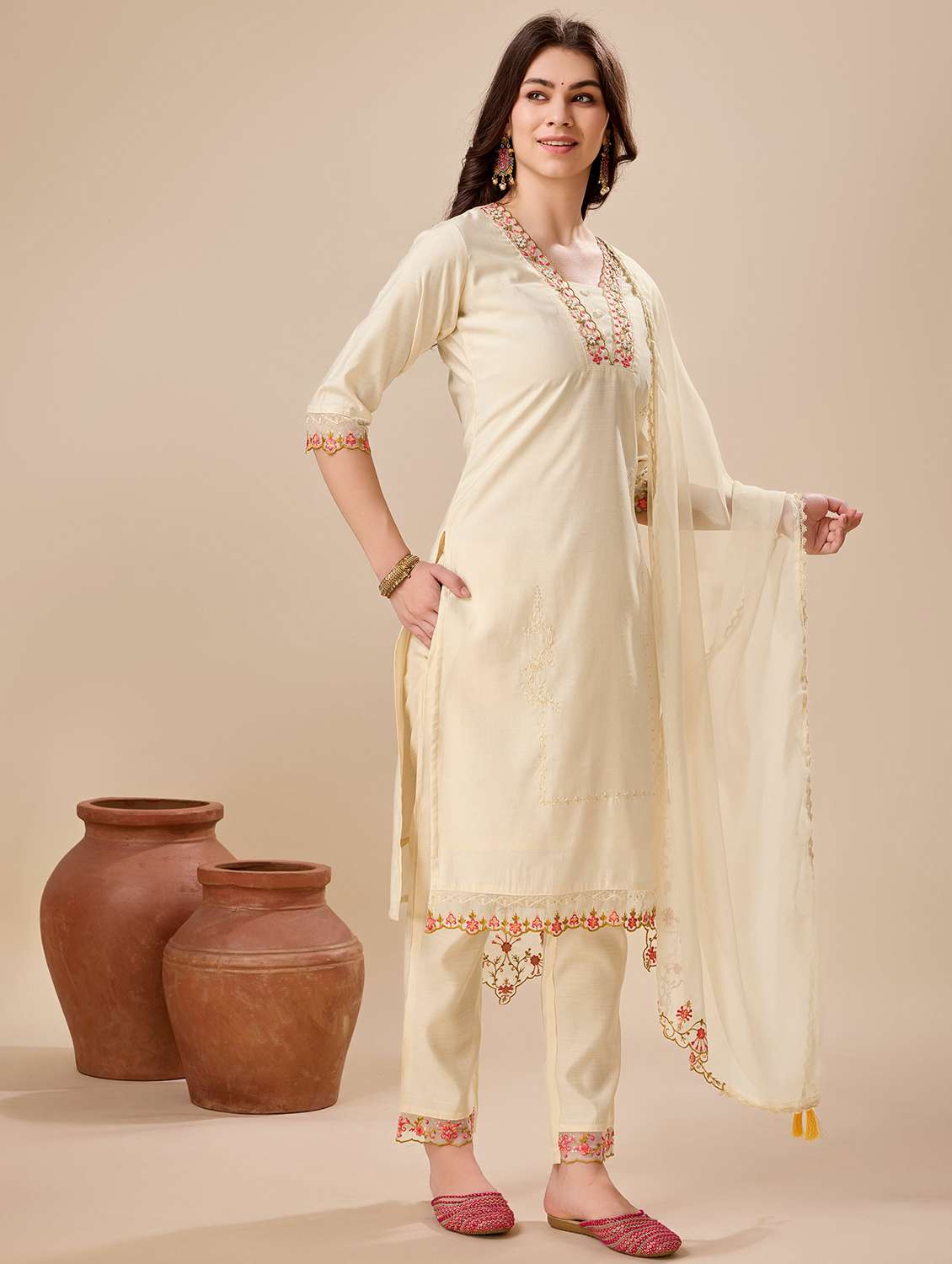 women three quarter sleeve kurta pant with dupatta set - 21139864 -  Standard Image - 1