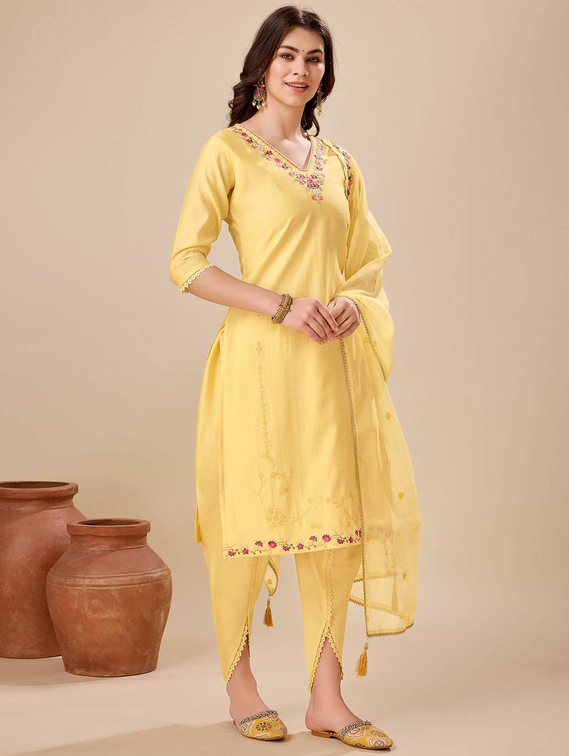 women three quarter sleeve dhoti kurta with dupatta set - 21139867 -  Standard Image - 1