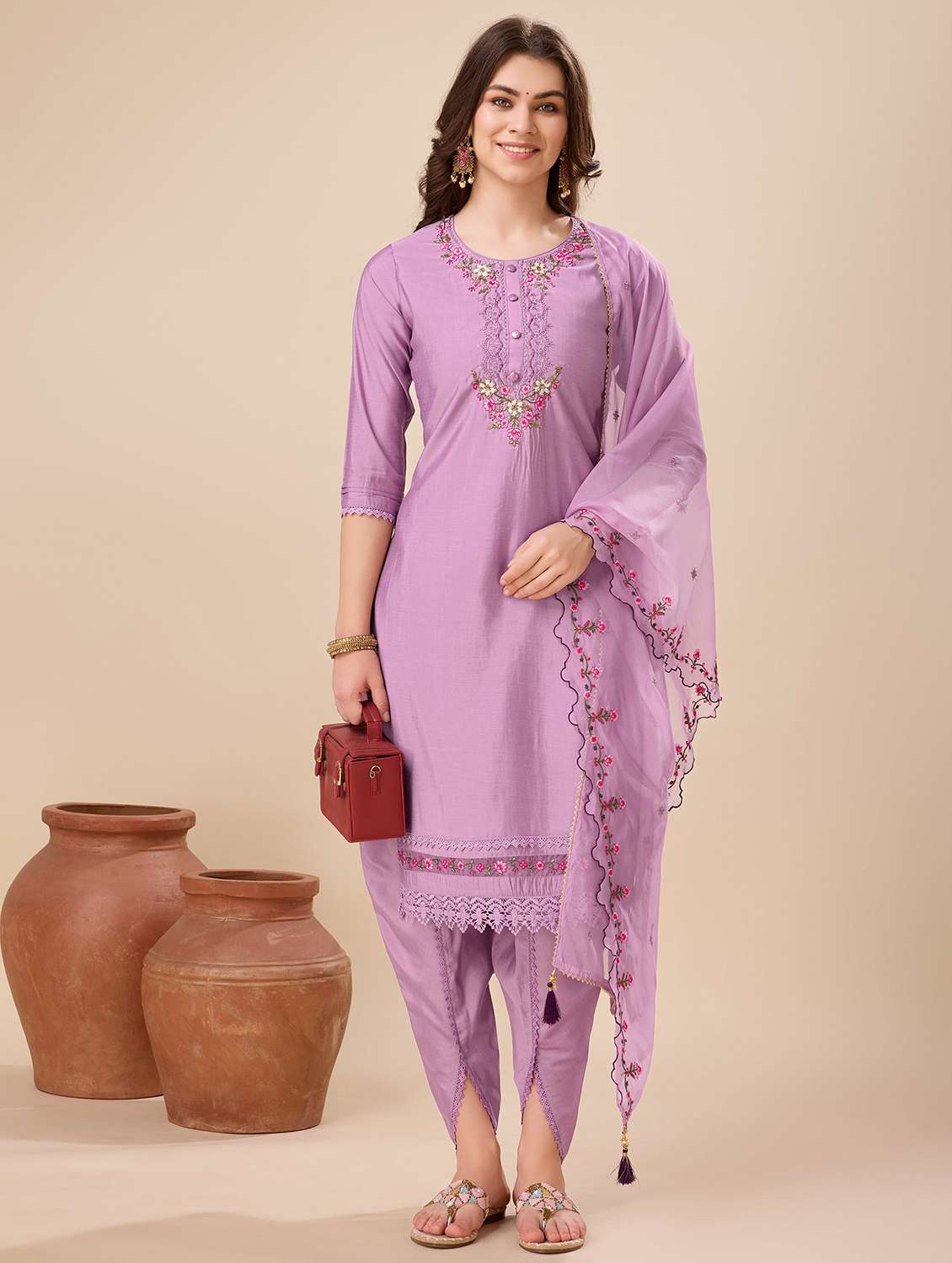 women three quarter sleeve dhoti kurta with dupatta set