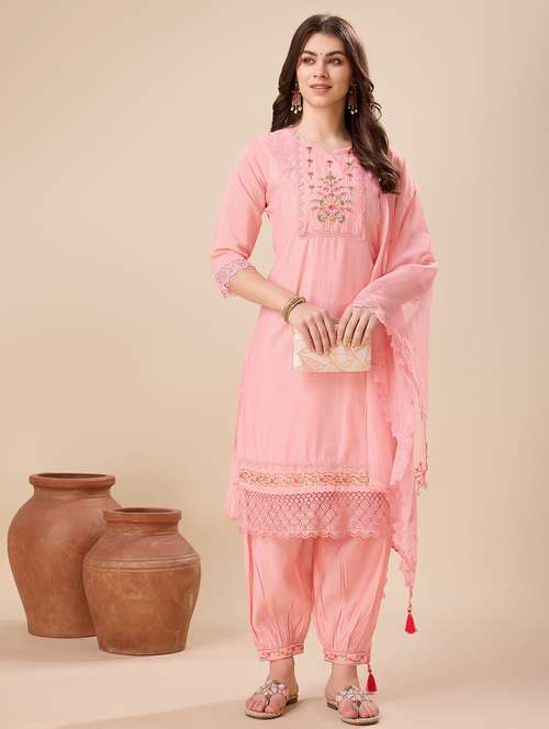 women three quarter sleeve kurta salwar with dupatta set - 21139869 -  Standard Image - 0