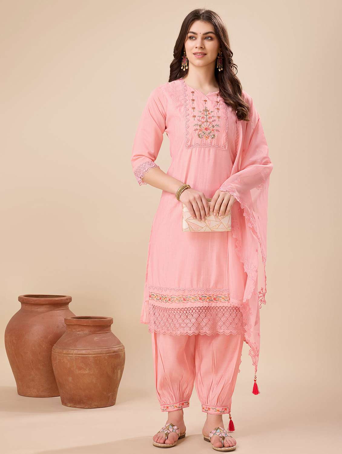 women three quarter sleeve kurta salwar with dupatta set