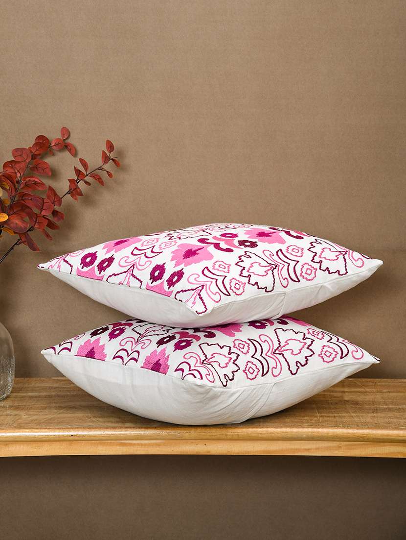 ratan cart pink cotton ikat floral embroidery 16x16 inch cushion cover set of 2 - 21140165 - Zoom Image - 0