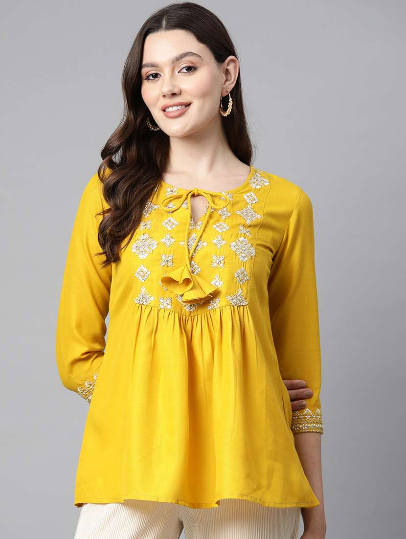 yellow embroidered detailed kurti