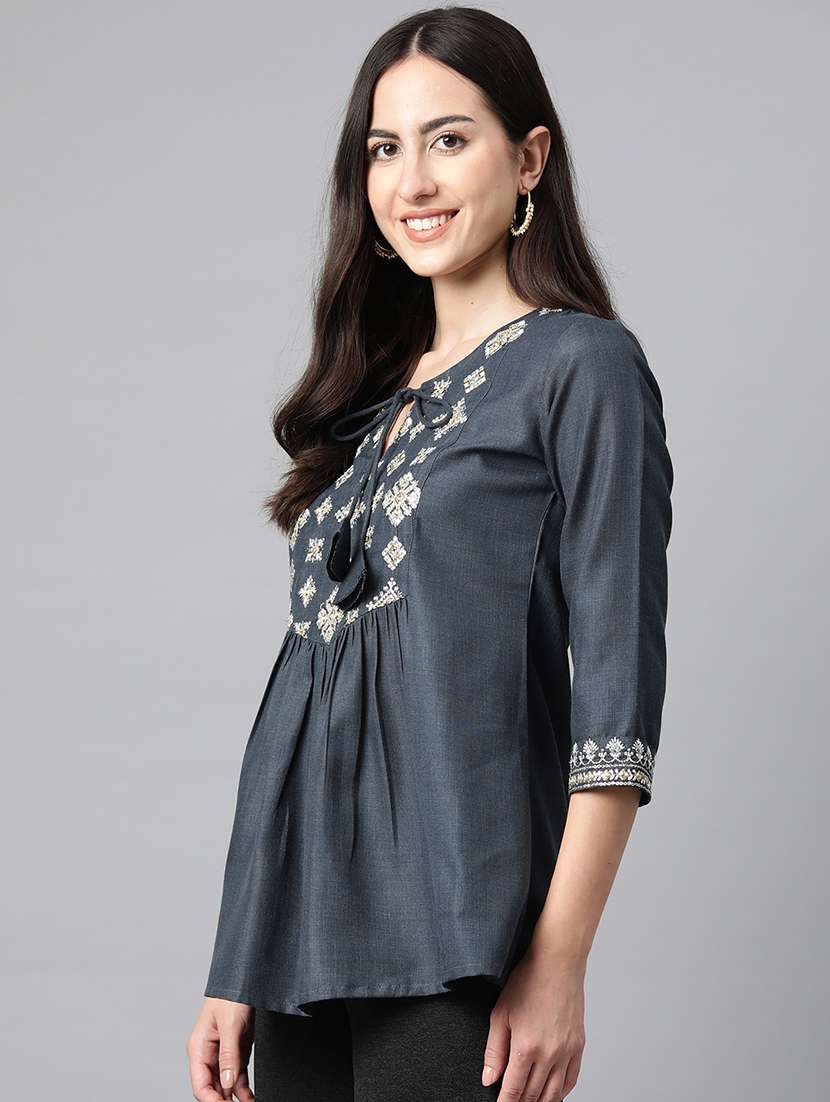 grey embroidered detailed kurti - 21142497 -  Standard Image - 1