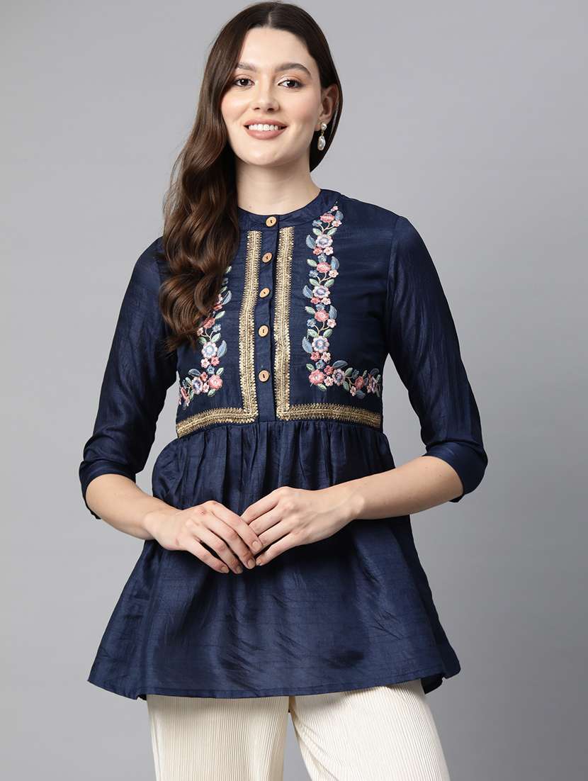 navy blue embroidered detailed kurti