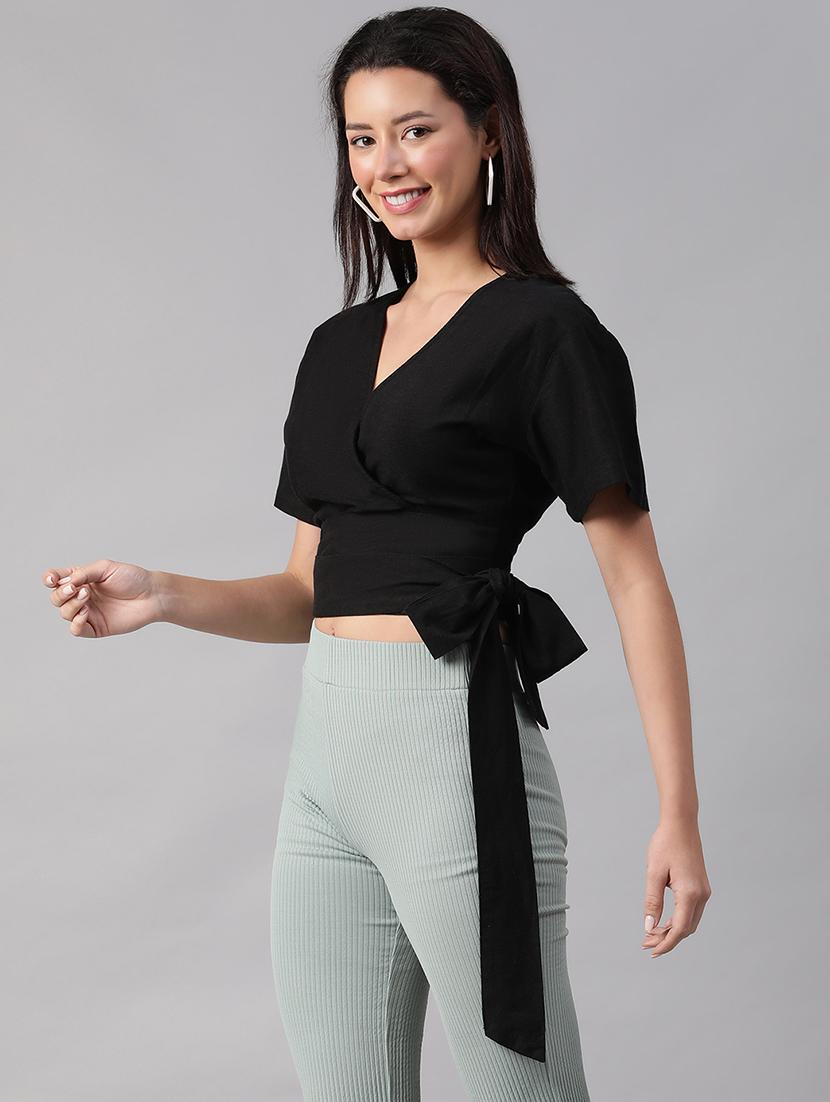 solid black casual crop top - 21142564 - Standard Image - 1