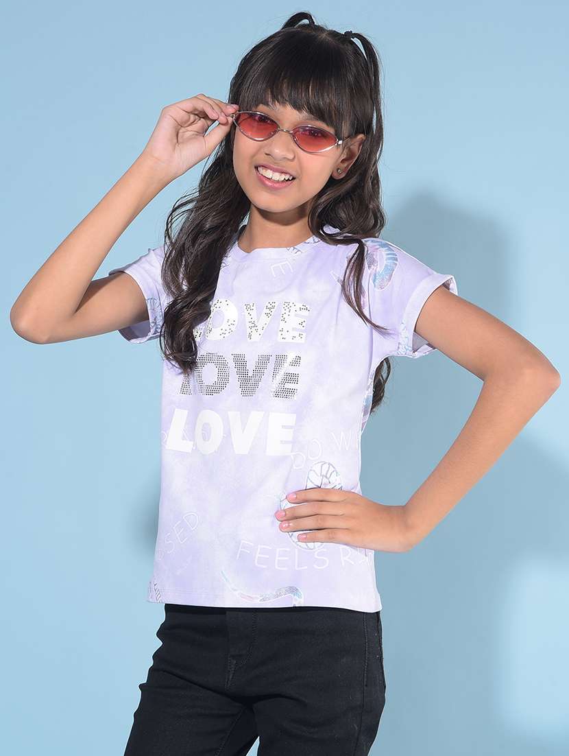 lavender cotton blend front print tee