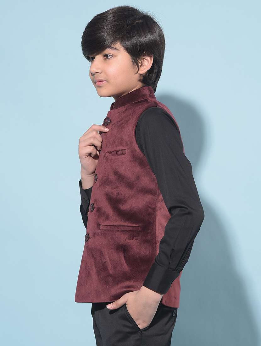 solid burgundy nehru jacket - 21142893 -  Standard Image - 1